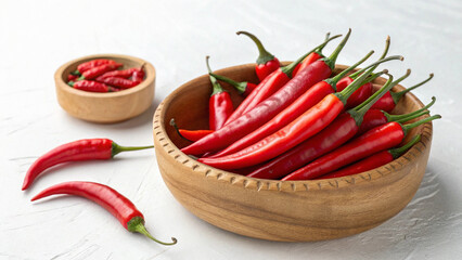 Red chili peppers in wooden bowl on white table in kitchen