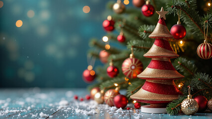 Happy New Year! Chrismas background, ornaments and christmas tree
