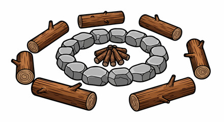 Campfire with logs and stones for outdoor activities