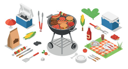 Isometric summer bbq picnic setup with grill, food, and accessories