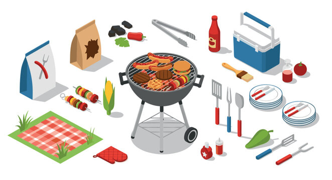 Isometric bbq party essentials with grill, utensils, and picnic setup