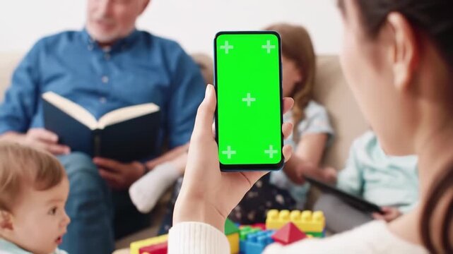 Over-the-shoulder view of a person holding a smartphone showing a smooth green chroma key screen, a family visible in the background, no symbols or tracking marks, perfect for adding custom video