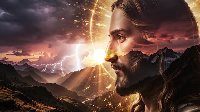 Jesus Christ double exposure animation with a dramatic mountain landscape. Flashing lightning strikes during a powerful sunset storm. Religious faith and spiritual concept