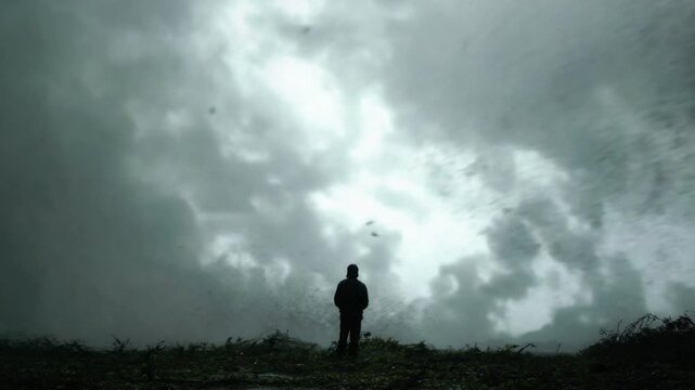 Solitary Contemplation: Silhouette of person stands against the dark, dramatic sky, evoking feelings of introspection and solitude amidst an ominous atmosphere. 