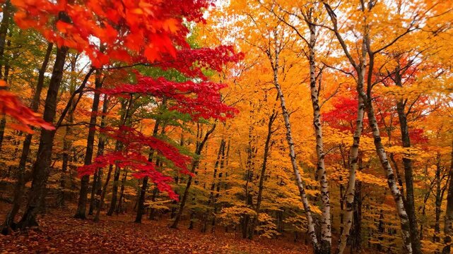 Vertical video of a vibrant autumn forest with colorful foliage. Red, orange, and yellow leaves on trees during the fall season. Natural scenery with changing colors
