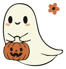 Cute halloween ghost cartoon holding pumpkin with flower