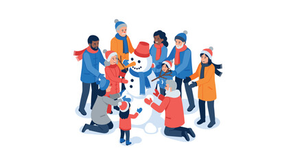 Fototapeta premium Festive winter fun group of people building a snowman together in a colorful flat art style
