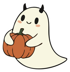 Cute halloween ghost cartoon holding pumpkin