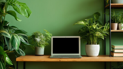 Fototapeta premium Minimalist Home Office Workspace with Laptop and Plants