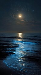Mystical full moon reflects on glowing ocean waves, starry night