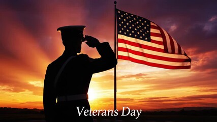 Animated soldier saluting the American flag at sunset. Vertical patriotic video for Veterans Day. Honoring military service concept - Powered by Adobe