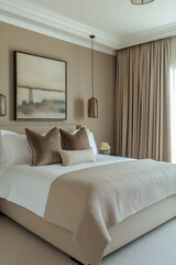 Fototapeta premium Contemporary bedroom in muted green and caramel tones, featuring linen bedding, curved pendant lights, and subtle wall art.