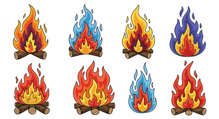 Campfire flames in various colors with transparent background