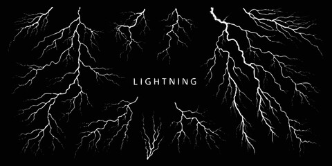 Collection of white lightning bolts striking across a dark black background with the word lightning in the center © Rakesh