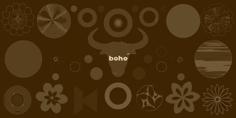 Boho style graphic design with bull silhouette and abstract circular and floral elements