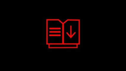 Minimal line style open document or book icon with a downward arrow on a dark background, representing file download, ebook, digital manual, instructions, data transfer, online resources and informati