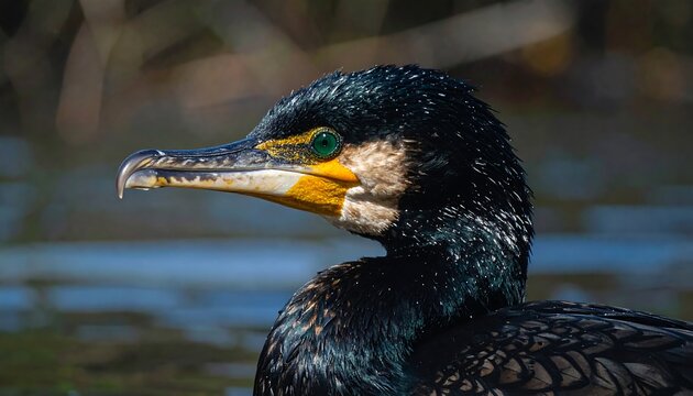 A close-up portrait of a dark-plumaged aquatic bird with a hooked beak and striking yellow-green eyes, water in the background