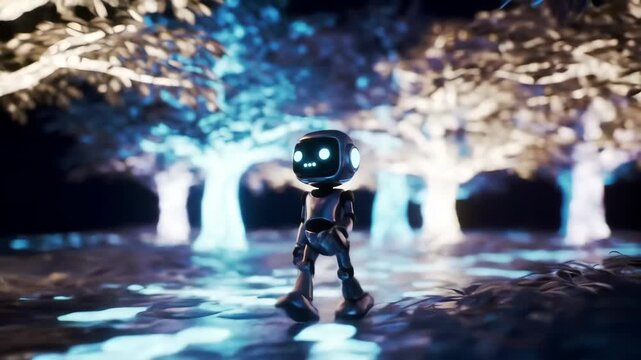 A lonely robot stands in a surreal forest with glowing trees, contemplating existence in a futuristic world