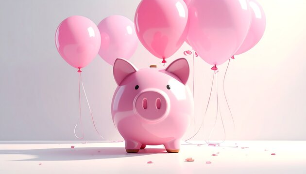A pink ceramic piggy bank stands before light background, with several pink balloons tied to it