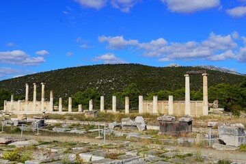 Ruins of the colonnade over the underground Avaton, where patients were healed by the god Asclepius in the Epidavros archaeological site