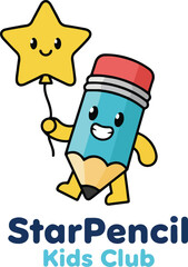 Friendly school pencil and star kids education learning mascot icon