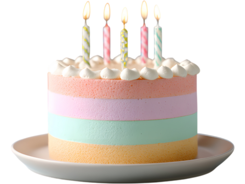 Colorful pastel birthday cake with candles isolated on transparent background, perfect for celebration designs.