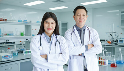 Medicine and healthcare concept : Group of happy and cheerful asian doctors Line up, Male and Female are smiling in LAB.