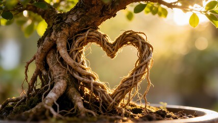 Heart - Shaped Bonsai Tree Roots in Golden Sunlight Symbol of Nature’s Love and Botanical Art