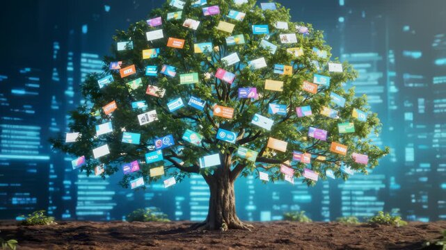 Sapling Emerging and Growing Into Tree With Digital Cards on Limbs