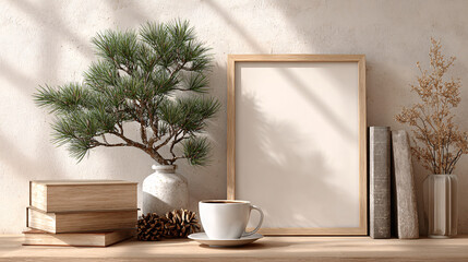 A cozy winter scene featuring festive decor with a blank vertical frame ready for personalization. Warm light filters through, highlighting seasonal elements like a coffee cup and pine branches
