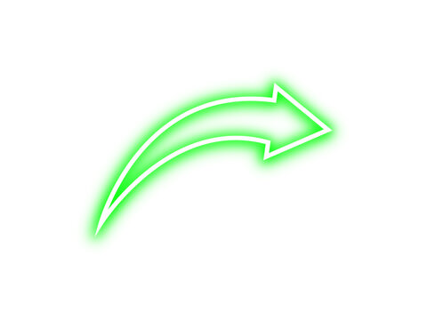 Green neon glowing curved outline arrow sign pointing right direction. Shining curve stroke arrow with green neon glow effect. Futuristic arrow mark with neon light. Vector illustration.