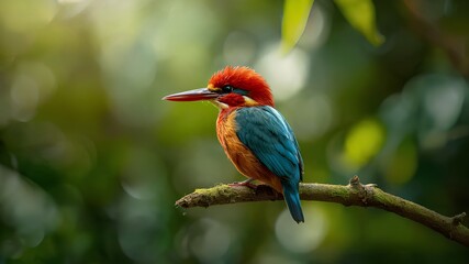 Colorful Kingfisher Bird Perched on Branch in Nature Photography with Vibrant Plumage and Bokeh Background