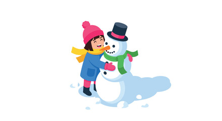 Joyful winter fun young girl building snowman in vibrant winter attire