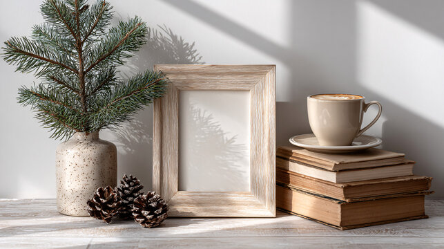 A serene winter setting features a blank wooden frame, a cozy cup of coffee on a stack of books, and decorative pinecones. This creates a peaceful atmosphere, ideal for the holiday season