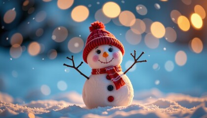 Cheerful snowman wearing a red hat in snowy landscape holiday scene winter magic vibrant glow