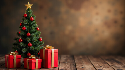 Christmas tree Christmas gift box red with gold ribbon. With a background as an old wall 
