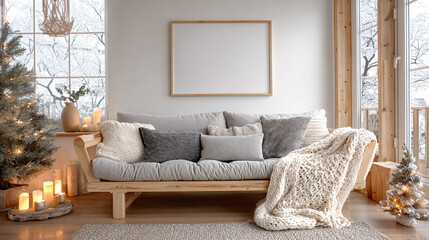 A serene Scandinavian living room showcases a cozy sofa adorned with soft pillows and a chunky blanket. A blank poster frame awaits festive art, and a winter landscape outside adds to the charm
