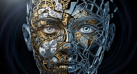 Conceptual Human Face Split with Clockwork and Shattered Glass Elements on a Transparent Background.