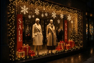 decorated storefront with christmas lights, red sale banners, snowflakes, gift boxes, elegant mannequins in winter clothes, evening city street, luxury retail vibe, commercial photography