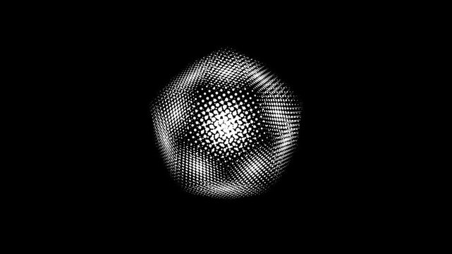 A black-and-white animation of a pulsating hexagonal sphere with dynamic light and shadow, creating an abstract 3D illusion effect.