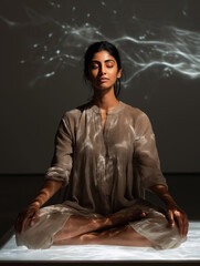 Young woman meditating in a serene environment with soft lighting.   