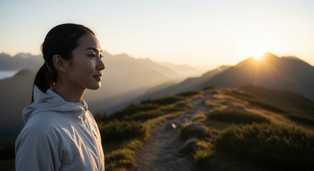 Fototapeta premium Profile of an Asian woman hiking on a mountain at sunrise. Hiker looking at the view from a summit. Adventure and travel lifestyle concept