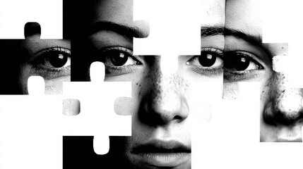 digital visual showing fragmented identity and virtual human concept.