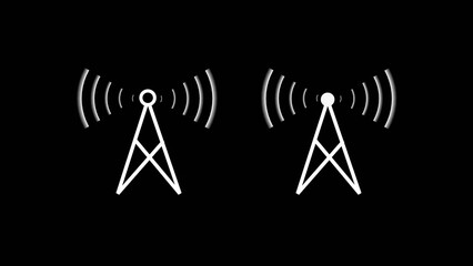 Two glowing white communication towers transmitting wireless signals on a black background. Perfect for concepts related to network connectivity, radio transmission, telecom technology, 