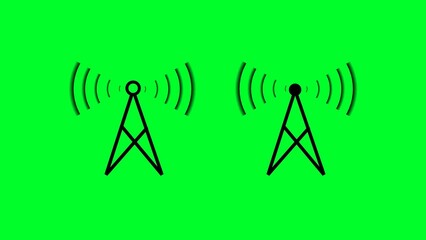 Two  communication towers transmitting wireless signals on Perfect for concepts related to network connectivity, radio transmission, telecom technology, Wi-Fi, and digital communication systems.