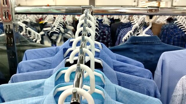 Row of blue shirts on hangers close up rail perspective camera movement product ready shot for online store listings catalog and apparel ads