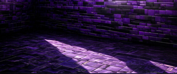 Mysterious purple tiled room with shining light. Dark violet space filled with elegant atmosphere. Empty purple interior illuminated by soft glow. Abstract illustration of dark purple space. 
