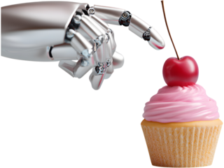 Robotic hand holding a cupcake with cherry isolated on transparent background, blending technology and sweetness.