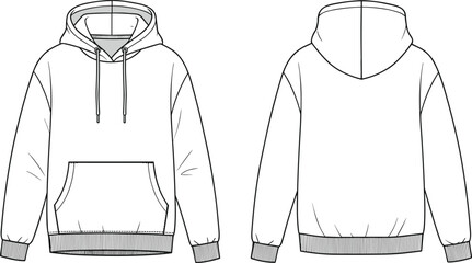 Front and back technical sketch of hooded sweatshirt, fashion flat drawing, hoodie design template, apparel illustration, garment vector mockup