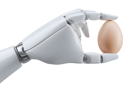 Robotic hand carefully holding an egg isolated on transparent background, symbolizing balance between technology and life.